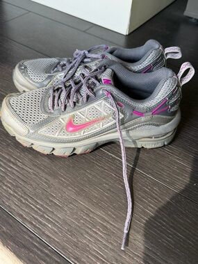 Nike Grey Trail Running Sneakers with Pink Swoosh and Accents